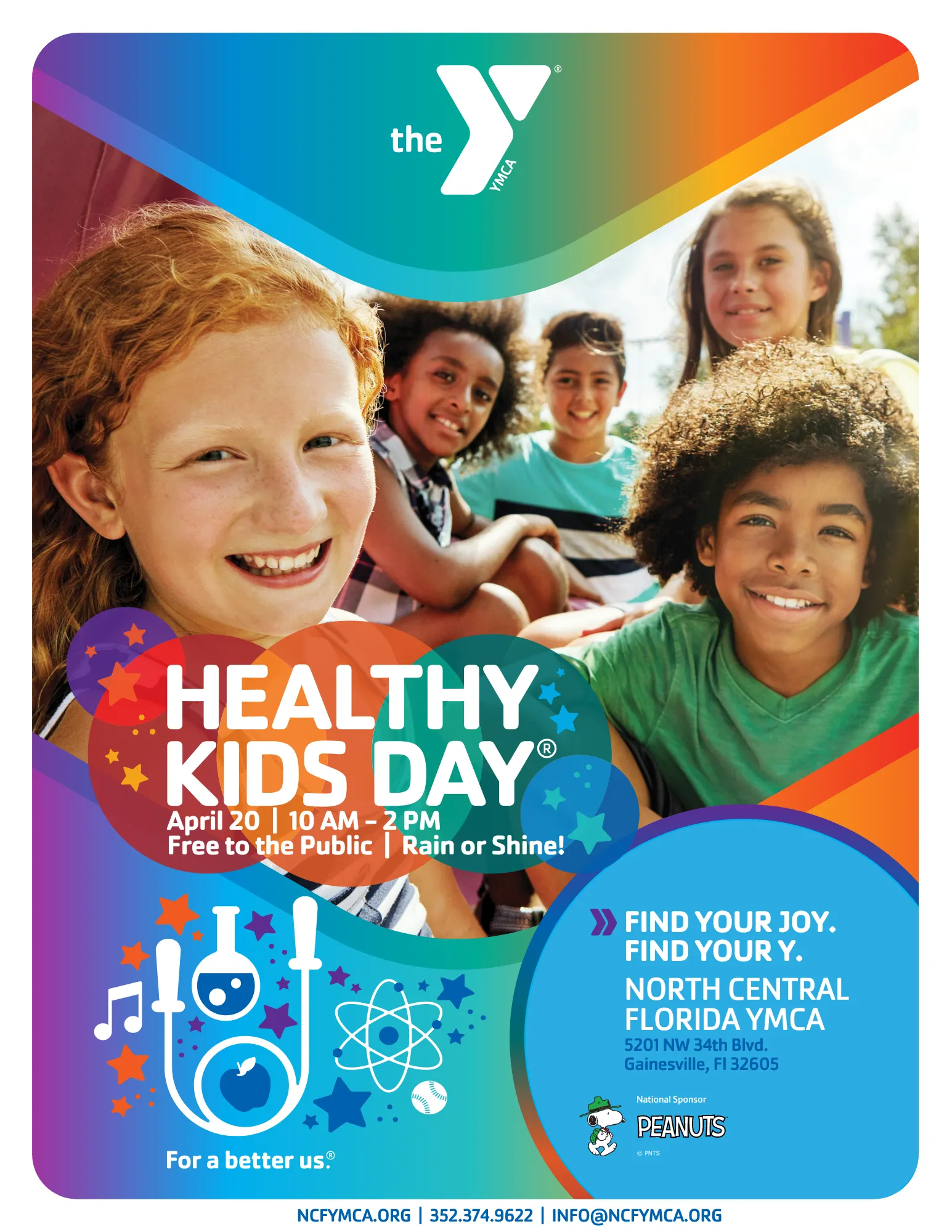 Rainbow graphic with a group schot of smiling youth. Reads, "Healthy Kids Day"