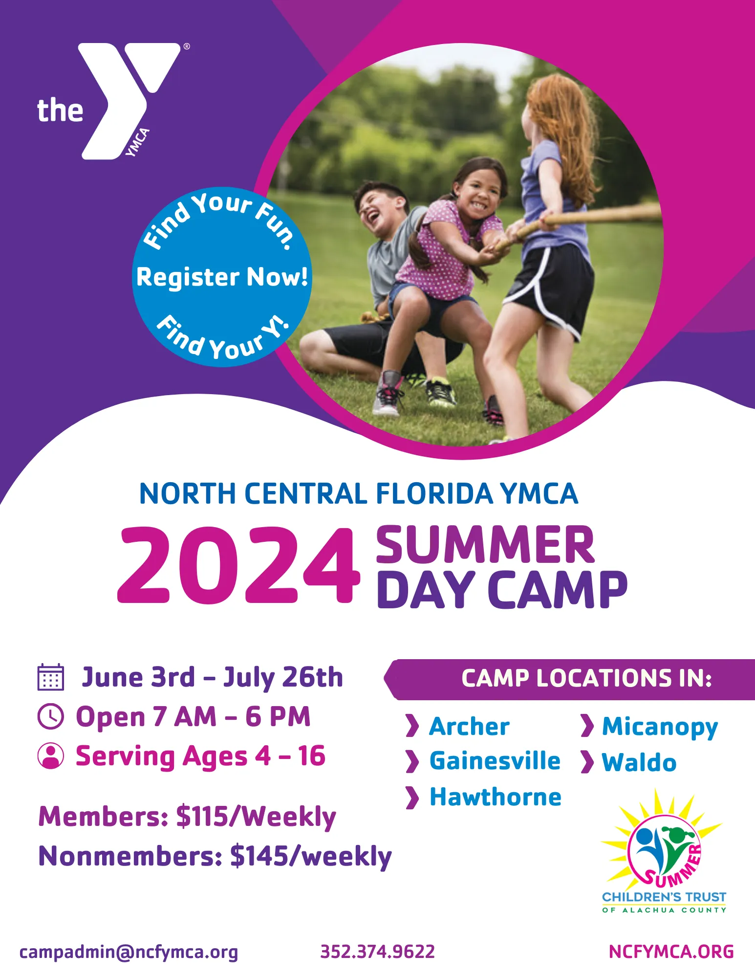 Purple and blue flyer advertising NCF YMCA 2024 summer camp