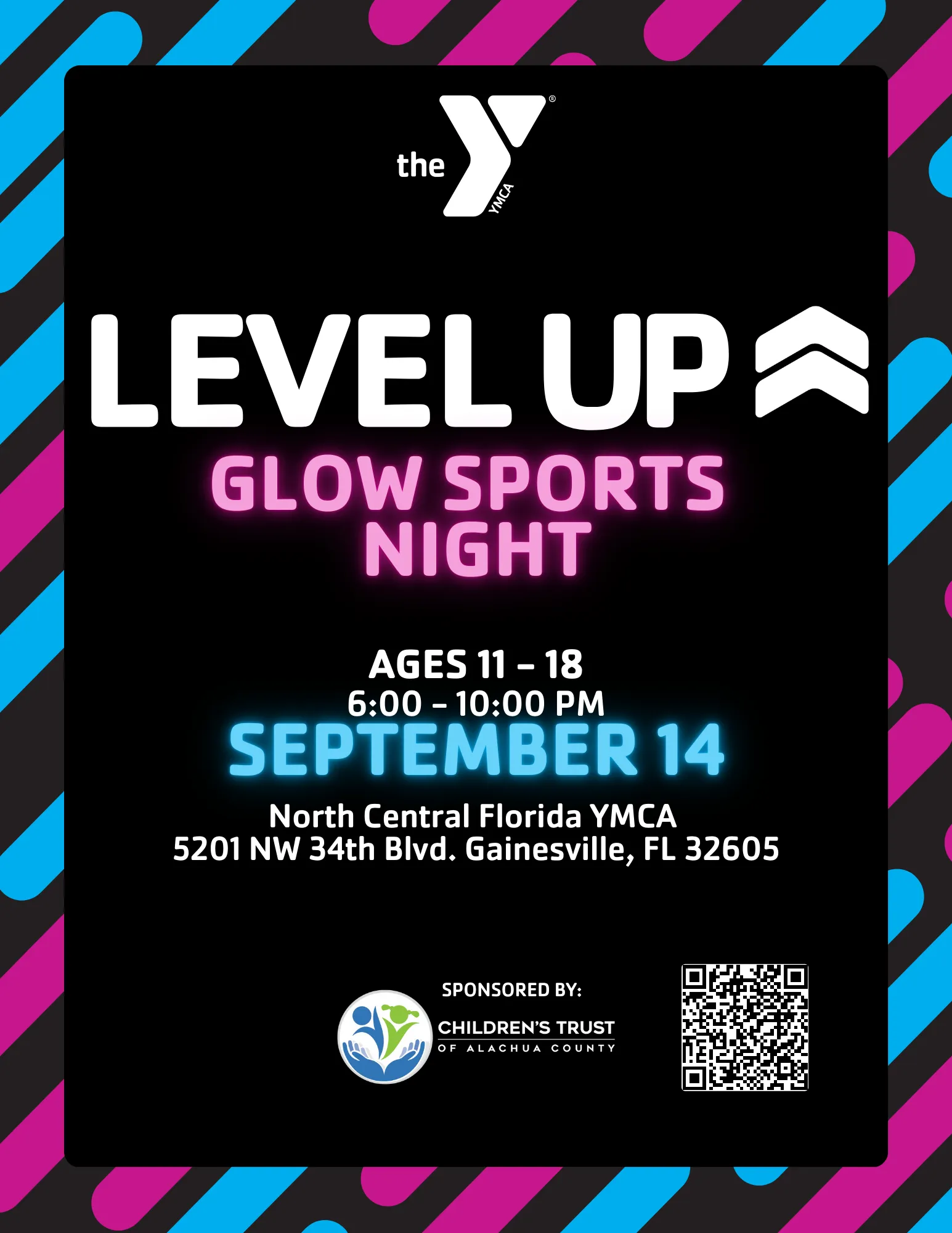 The background consists of a black center framed by diagonal stripes in blue, pink, and purple on the sides. At the top, the YMCA logo is featured prominently, with the words "Level Up" below it in bold white letters. Underneath, the event title "Glow Sports Night" is written in a neon pink glow effect.