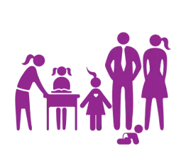 Simplistic illustration of a group of various people; they are purple. Included is a teenager, adolescent, young child, an infant, and two adults.
