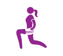 Simplistic illustration of an individual in sports attire doing lunges; they are purple.
