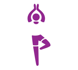 Simplistic illustration of a senior Adult; they are purple. The individual is in a standing yoga pose.