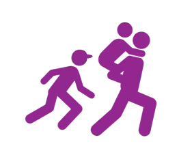 Purple illustrations of people. They are running. The taller of the figures has a child on their back.