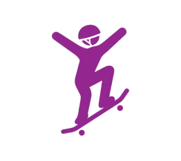 Simplistic illustration of a teenager doing a skateboard trick; they are purple.