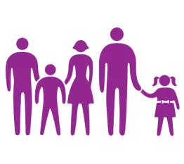 Simplistic illustration of a group of people; they are purple. They stand in a line holding hands; included is a young adult, a teenager, a child, and two adults.