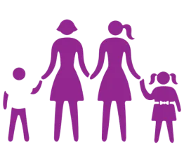Simplistic Illustration of people; they are purple. There are two women, holding hands with two children, a boy and a girl.