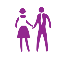 Simplistic illustration of two Senior Adults; they are purple. One is wearing a dress and has short hair, the other is wearing a white tie.